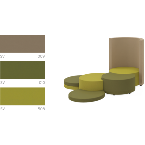 Rendering JOYN-Sitzelement und COCOON-Rückwand in Farbkombination PROTEX Hellgrün, Mittelgrün, Hellbraun